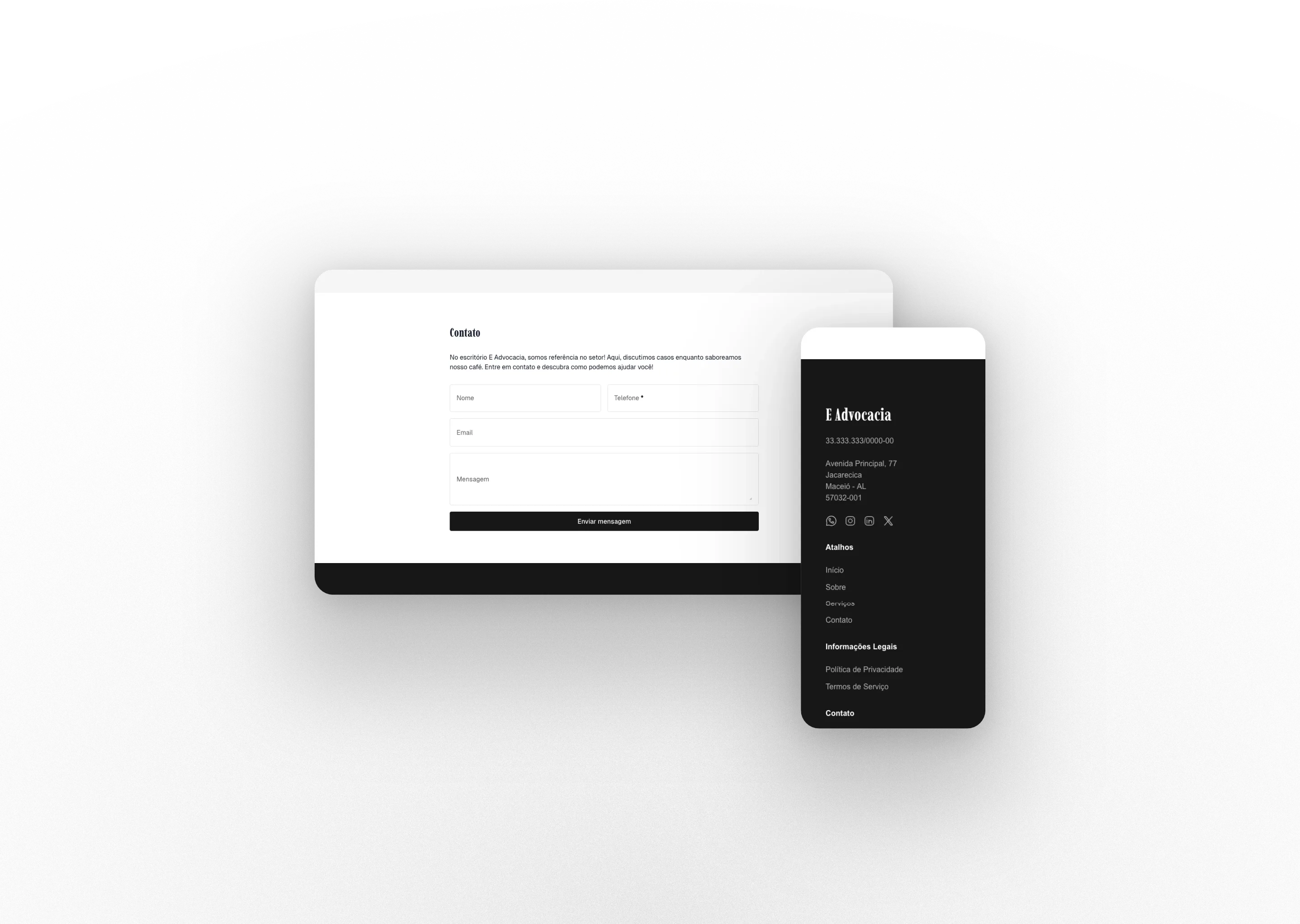 Desktop and mobile views of the E Advocacia contact section, displaying a contact form with name, phone, email and message fields on the left, and a footer with company information, address, phone number, social media links and legal information on the right.